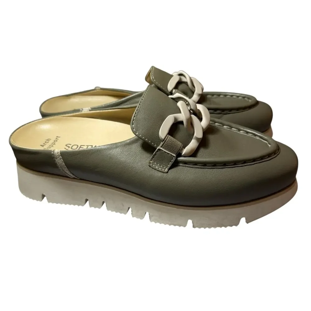 Softwaves Carlisa Olive Green Leather Chain Mule Loafers Sz 38 Arch Support